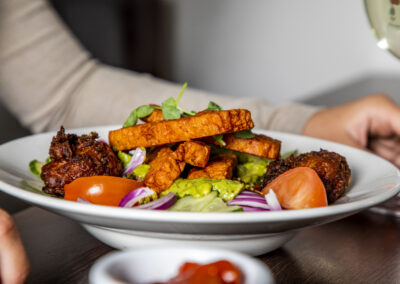 A plate of food on a table